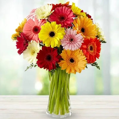 Bouquet of colorful gerberas in a glass vase - for birthday anniversary valentine congratulations good-luck - free urgent delivery India - Delhi Mumbai Bangalore Pune Hyderabad Chennai Kolkata Ahmedabad