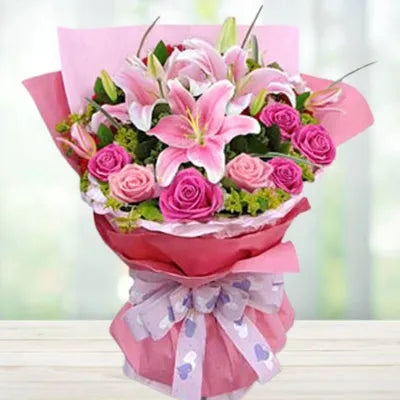 Bouquet of Pink roses and Lilies in Pink Luxurious Wrapping - for online delivery for your love - birthday anniversary congratulations good-luck - free urgent delivery India - Delhi Mumbai Bangalore Pune Hyderabad Chennai Kolkata Ahmedabad NOIDA Gurugram