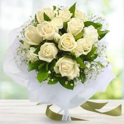 Bouquet of premium white roses in luxury wrapping - for online delivery for birthday anniversary valentine congratulations good-luck - free urgent delivery India - Delhi Mumbai Bangalore Pune Hyderabad Chennai Kolkata Ahmedabad