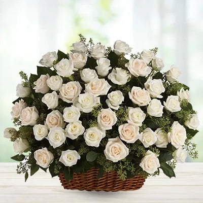 Basket of 40 long stem white roses flowers - for birthday anniversary valentine congratulations good-luck - free urgent delivery India - Delhi Mumbai Bangalore Pune Hyderabad Chennai Kolkata Ahmedabad