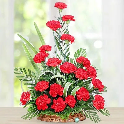 Gift basket of red carnations flowers - for birthday anniversary valentine - free urgent delivery India - Delhi Mumbai Bangalore Pune Hyderabad Chennai Kolkata Ahmedabad