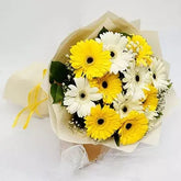Bouquet of yellow and white Gerberas in luxury wrapping - for online delivery for your love - birthday anniversary congratulations good-luck - free urgent delivery India - Delhi Mumbai Bangalore Pune Hyderabad Chennai Kolkata Ahmedabad NOIDA Gurugram