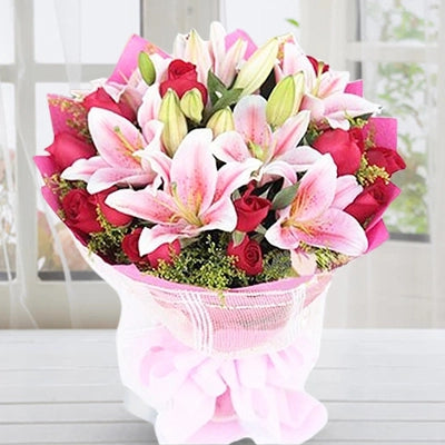 Bouquet of pink lilys and red roses flowers - for birthday anniversary valentine congratulations good-luck - free urgent delivery India - Delhi Mumbai Bangalore Pune Hyderabad Chennai Kolkata Ahmedabad