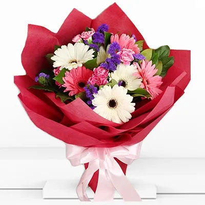 Bouquet of pink and white gerbera flowers in a Nice Wrapping - for birthday anniversary valentine congratulations good-luck - free urgent delivery India - Delhi Mumbai Bangalore Pune Hyderabad Chennai Kolkata Ahmedabad