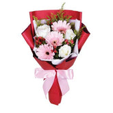 Bouquet of Pink Gerbera and White Rose Flowers mixed with Red Berries - for online delivery for your love - birthday anniversary congratulations good-luck - free urgent delivery India - Delhi Mumbai Bangalore Pune Hyderabad Chennai Kolkata Ahmedabad NOIDA Gurugram