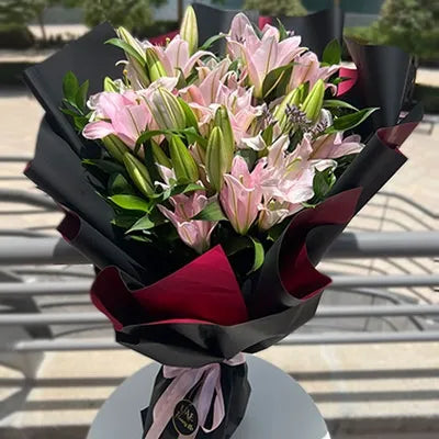 Bunch of 10 Pink Oriental Lilies in a Nice Wrapping flowers - for birthday anniversary valentine congratulations good-luck - free urgent delivery India - Delhi Mumbai Bangalore Pune Hyderabad Chennai Kolkata Ahmedabad
