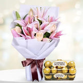 Bouquet Of Peach Roses & Pink Lilies,Chocolates