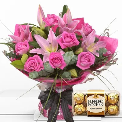 Pink Lilies And Roses with Ferrero Rocher Chocolates