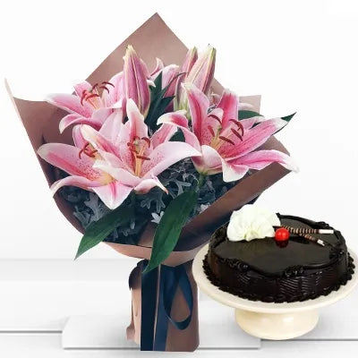 Bouquet Of Pink Lilies With Fillers And A Chocolate Cake