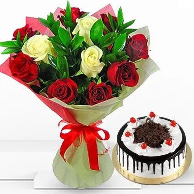 Bouquet Of Red & White Roses & Cake