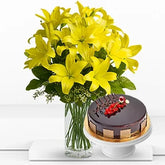 Bouquet Of Yellow Lilies With Cake