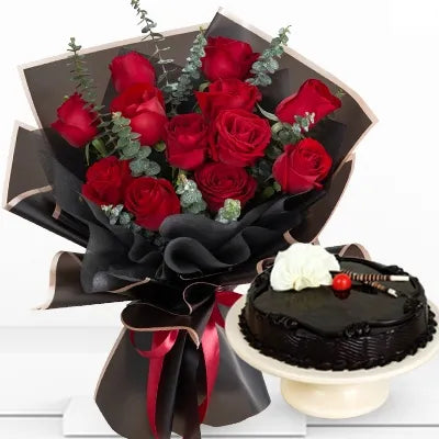 Dozen Red Roses with Chocolate Truffle Cake