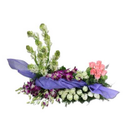 Basket of white and pink roses flowers with purple orchid and tube roses - for birthday anniversary valentine congratulations good-luck - free urgent delivery India - Delhi Mumbai Bangalore Pune Hyderabad Chennai Kolkata Ahmedabad