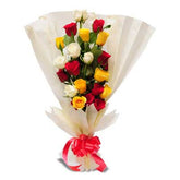 Bouquet of 7 yellow, 5 white and 9 red rose flowers in a Nice Wrapping - for birthday anniversary valentine congratulations good-luck - free urgent delivery India - Delhi Mumbai Bangalore Pune Hyderabad Chennai Kolkata Ahmedabad