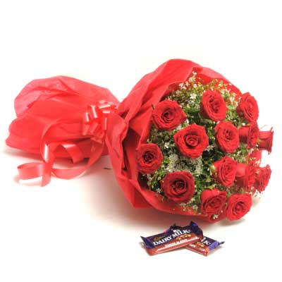 Gift bouquet of red roses flowers with chocolate - for birthday anniversary valentine - free delivery India - Delhi Mumbai Bangalore Pune Hyderabad Chennai Kolkata Ahmedabad