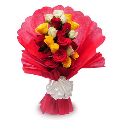 Bouquet of red yellow and white roses flowers - for birthday anniversary valentine congratulations good-luck - free urgent delivery India - Delhi Mumbai Bangalore Pune Hyderabad Chennai Kolkata Ahmedabad