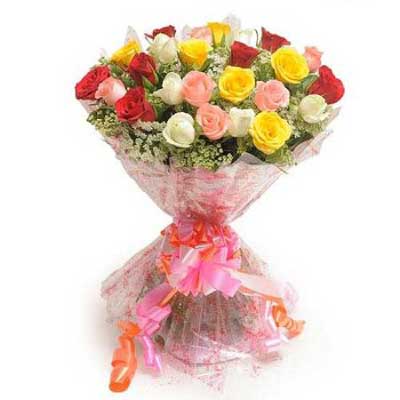 Bouquet of 25 mixed color roses luxury wrapping - for online delivery for your love - birthday anniversary congratulations good-luck - free urgent delivery India - Delhi Mumbai Bangalore Pune Hyderabad Chennai Kolkata Ahmedabad NOIDA Gurugram