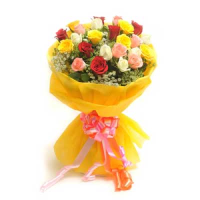 Bouquet of colorful roses with white fillers in luxury wrapping - for birthday anniversary valentine congratulations good-luck - free urgent delivery India - Delhi Mumbai Bangalore Pune Hyderabad Chennai Kolkata Ahmedabad