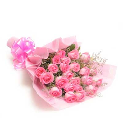 Bouquet of 25 long stem pink rose flowers in a Nice Wrapping - for birthday anniversary valentine congratulations good-luck - free urgent delivery India - Delhi Mumbai Bangalore Pune Hyderabad Chennai Kolkata Ahmedabad