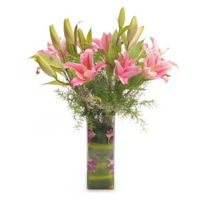6 pink oriental lilies flowers in gift vase - for birthday anniversary valentine - free urgent delivery India - Delhi Mumbai Bangalore Pune Hyderabad Chennai Kolkata Ahmedabad