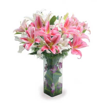 10 Asiatic lilies in glass vase - for online delivery for your love - birthday anniversary congratulations good-luck - free urgent delivery India - Delhi Mumbai Bangalore Pune Hyderabad Chennai Kolkata Ahmedabad NOIDA Gurugram