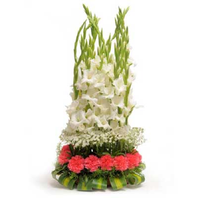 Gift bouquet of pink carnations and white gladioli flowers - for birthday anniversary valentine - free urgent delivery India - Delhi Mumbai Bangalore Pune Hyderabad Chennai Kolkata Ahmedabad