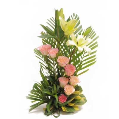 Gift basket white lilies and pink roses flowers - for birthday anniversary valentine - free urgent delivery India - Delhi Mumbai Bangalore Pune Hyderabad Chennai Kolkata Ahmedabad