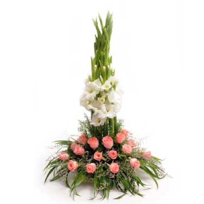 Gift basket of pink roses and white gladioli flowers - for birthday anniversary valentine - free urgent delivery India - Delhi Mumbai Bangalore Pune Hyderabad Chennai Kolkata Ahmedabad