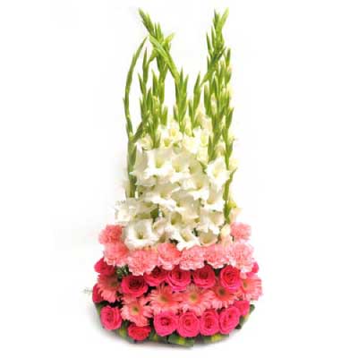 Basket of pink roses, carnations, and gerbera with white gladioli flowers - for birthday anniversary valentine congratulations good-luck - free urgent delivery India - Delhi Mumbai Bangalore Pune Hyderabad Chennai Kolkata Ahmedabad