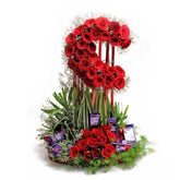 Big basket 50 red roses flowers and chocolates - for birthday anniversary valentine congratulations good-luck - free urgent delivery India - Delhi Mumbai Bangalore Pune Hyderabad Chennai Kolkata Ahmedabad