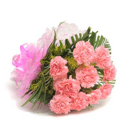 Bunch of 12 Pink carnations flowers bouquet - for birthday anniversary valentine congratulations good-luck - free urgent delivery India - Delhi Mumbai Bangalore Pune Hyderabad Chennai Kolkata Ahmedabad