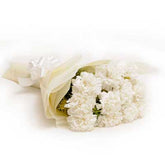 Bouquet of 12 white carnations with arica palm leaves and fillers in nice Wrapping - for birthday anniversary valentine congratulations good-luck - free urgent delivery India - Delhi Mumbai Bangalore Pune Hyderabad Chennai Kolkata Ahmedabad