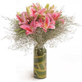 Bouquet of 6 pink oriental Lilies in glass vase - for online delivery for your love - birthday anniversary congratulations good-luck - free urgent delivery India - Delhi Mumbai Bangalore Pune Hyderabad Chennai Kolkata Ahmedabad NOIDA Gurugram