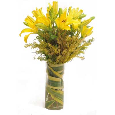 Bouquet of 6 Asiatic Yellow Lilies in glass vase - for online delivery for your love - birthday anniversary congratulations good-luck - free urgent delivery India - Delhi Mumbai Bangalore Pune Hyderabad Chennai Kolkata Ahmedabad NOIDA Gurugram