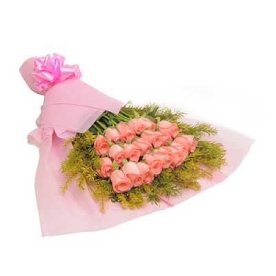 Gift this Bouquet of 20 baby pink rose flowers in a pink wrapping with pink ribbon - for birthday anniversary valentine congratulations good-luck - free urgent delivery India - Delhi Mumbai Bangalore Pune Hyderabad Chennai Kolkata Ahmedabad