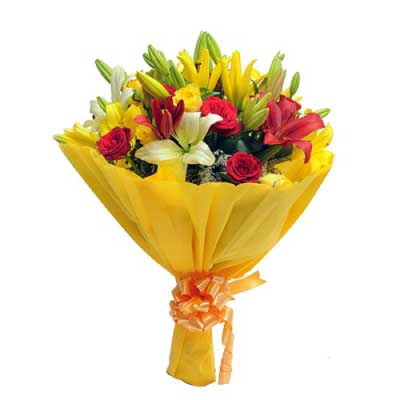 Bouquet of yellow and red roses and asiatic lily flowers in luxurious wrapping - for birthday anniversary valentine congratulations good-luck - free urgent delivery India - Delhi Mumbai Bangalore Pune Hyderabad Chennai Kolkata Ahmedabad
