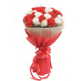 Bouquet of 20 red and white carnation flowers in a Nice Wrapping - for birthday anniversary valentine congratulations good-luck - free urgent delivery India - Delhi Mumbai Bangalore Pune Hyderabad Chennai Kolkata Ahmedabad