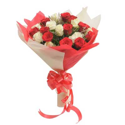 Bouquet of 24 red and white rose flowers with fillers in a Nice Wrapping - for birthday anniversary valentine congratulations good-luck - free urgent delivery India - Delhi Mumbai Bangalore Pune Hyderabad Chennai Kolkata Ahmedabad