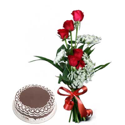 Bouquet of red roses with a chocolate cake - for birthday anniversary valentine congratulations good-luck - free urgent delivery India - Delhi Mumbai Bangalore Pune Hyderabad Chennai Kolkata Ahmedabad