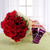 Bouquet of red roses with chocolates - for birthday anniversary valentine congratulations good-luck - free urgent delivery India - Delhi Mumbai Bangalore Pune Hyderabad Chennai Kolkata Ahmedabad