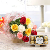 Bouquet of mix roses with ferrero rocher chocolates - for birthday anniversary valentine congratulations good-luck - free urgent delivery India - Delhi Mumbai Bangalore Pune Hyderabad Chennai Kolkata Ahmedabad