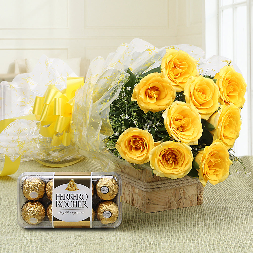 Bouquet of Yellow roses with Ferrero Rocher Chocolates. Perfect for someone you Like - for online delivery for your love - birthday anniversary congratulations good-luck - free urgent delivery India - Delhi Mumbai Bangalore Pune Hyderabad Chennai Kolkata Ahmedabad NOIDA Gurugram