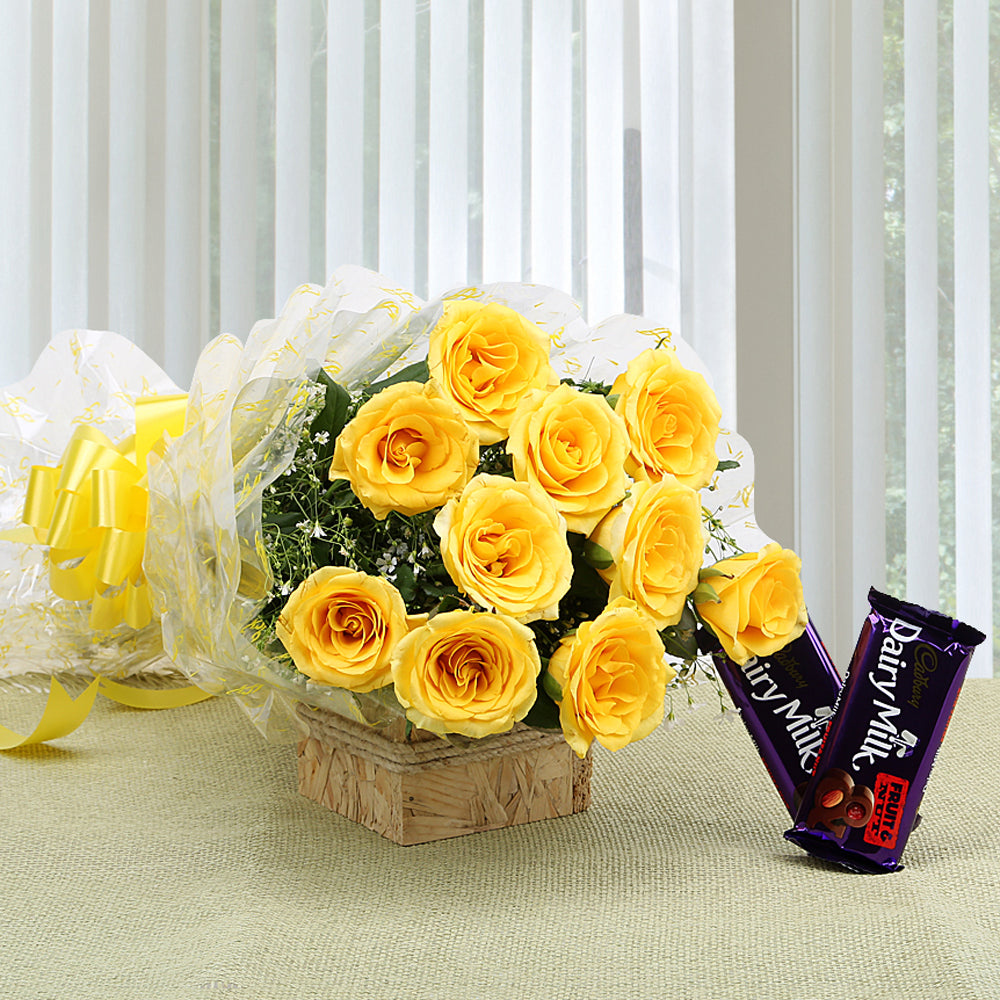 Bouquet of Yellow Roses with Chocolates. Perfect for someone you like - for online delivery for your love - birthday anniversary congratulations good-luck - free urgent delivery India - Delhi Mumbai Bangalore Pune Hyderabad Chennai Kolkata Ahmedabad NOIDA Gurugram