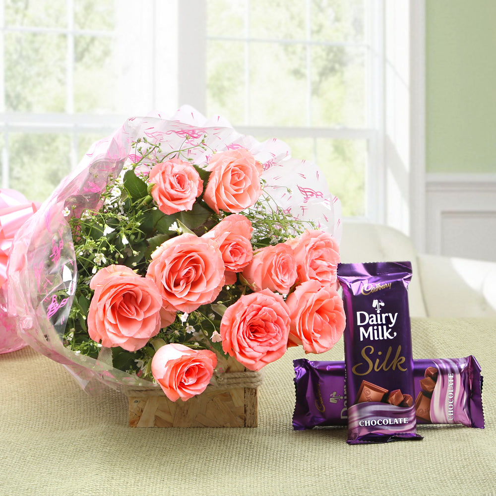 Bouquet of Pretty Pink Roses with Chocolates - for online delivery for your love - birthday anniversary congratulations good-luck - free urgent delivery India - Delhi Mumbai Bangalore Pune Hyderabad Chennai Kolkata Ahmedabad NOIDA Gurugram