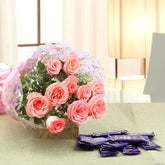 Bouquet of Pretty Pink Roses with Chocolates - for online delivery for your love - birthday anniversary congratulations good-luck - free urgent delivery India - Delhi Mumbai Bangalore Pune Hyderabad Chennai Kolkata Ahmedabad NOIDA Gurugram