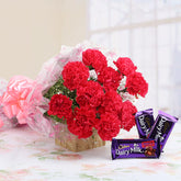 Bouquet of red carnations with chocolates - for birthday anniversary valentine congratulations good-luck - free urgent delivery India - Delhi Mumbai Bangalore Pune Hyderabad Chennai Kolkata Ahmedabad