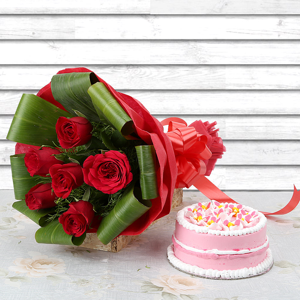 Bouquet of red roses with yummy strawberry cake - for birthday anniversary valentine congratulations good-luck - free urgent delivery India - Delhi Mumbai Bangalore Pune Hyderabad Chennai Kolkata Ahmedabad