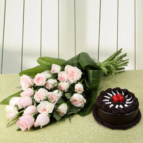 Bouquet of light pink roses with a chocolate cake - for birthday anniversary valentine congratulations good-luck - free urgent delivery India - Delhi Mumbai Bangalore Pune Hyderabad Chennai Kolkata Ahmedabad