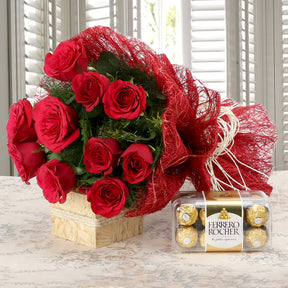 Bouquet of red roses with Ferrero Rocher Chocolate - for online delivery for your love - birthday anniversary congratulations good-luck - free urgent delivery India - Delhi Mumbai Bangalore Pune Hyderabad Chennai Kolkata Ahmedabad NOIDA Gurugram