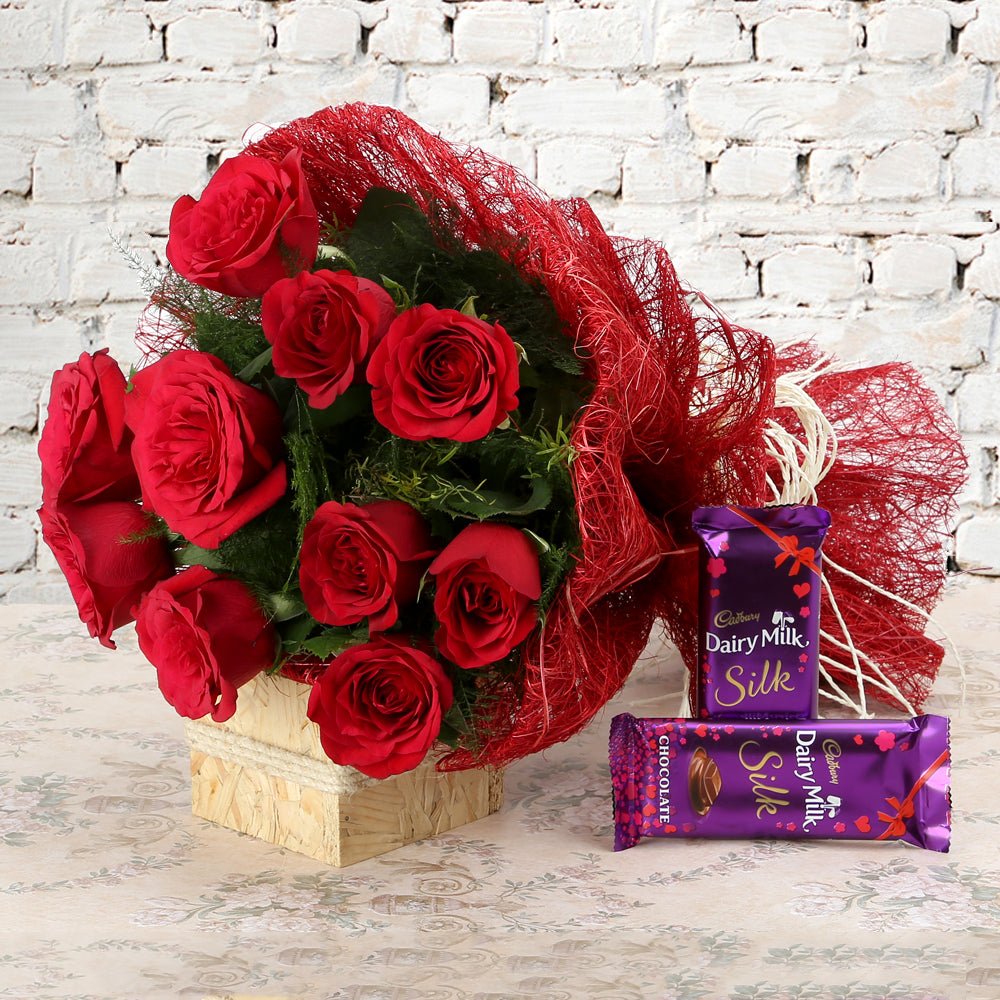 Bouquet of red roses with Chocolates - for online delivery for your love - birthday anniversary congratulations good-luck - free urgent delivery India - Delhi Mumbai Bangalore Pune Hyderabad Chennai Kolkata Ahmedabad NOIDA Gurugram